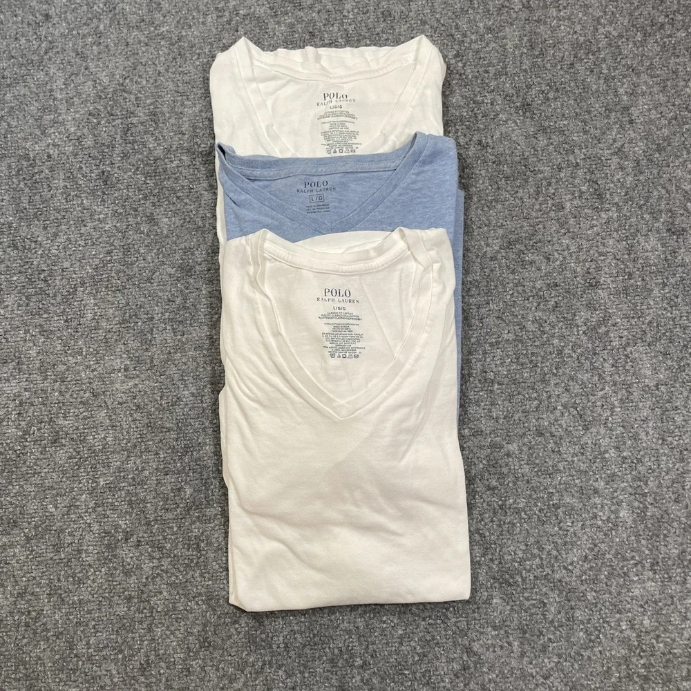 Polo Ralph Lauren T Shirts LOT OF 3 Men's Large White Blue V Neck Tee Cotton